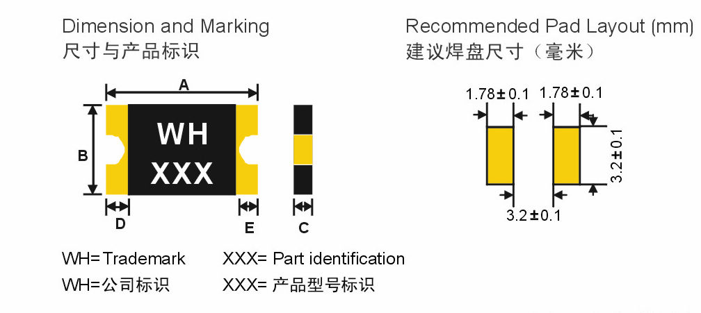SMD1812自復(fù)位過流保護(hù)器產(chǎn)品的尺寸和標(biāo)識