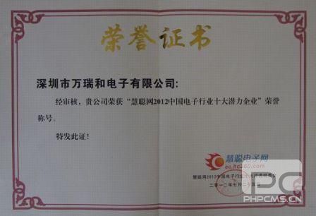 電子行業(yè)十大潛力企業(yè)榮譽(yù)證書(shū)