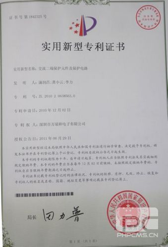 交流二端保護(hù)元件及保護(hù)電路的實(shí)用新型專利證書