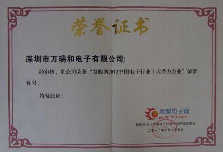 電子行業(yè)十大潛力企業(yè)榮譽(yù)證書(shū)